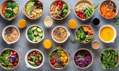 Healthy food in eco take-away boxes seen from above, salads and fruits top view wallpaper 