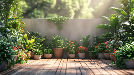 A lush green garden with a wooden deck and a wall of greenery