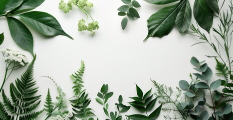 Elegant Botanical Layout with White Copy Space - An organized, botanical arrangement with a variety of green leaves and white flowers, framing a clean white space