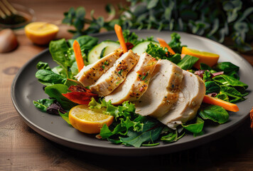 Grilled chicken breast on a bed of vegetables - Succulent grilled chicken breast slices atop a colorful bed of greens, carrots, and a lemon wedge on a dark plate