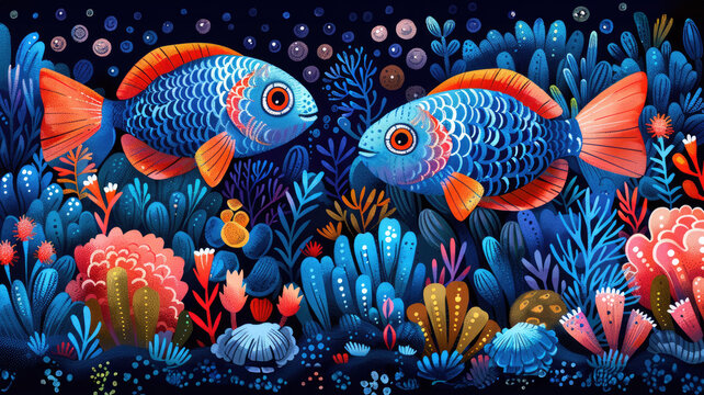 Colorful underwater fish scene illustration - Vibrant artistic illustration of two fish swimming among coral reefs, depicting a lively underwater ecosystem