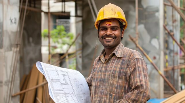 profession, construction and building - happy smiling indian builder in helmet with blueprint over