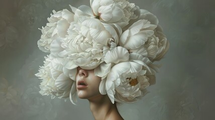 Person with head replaced by flowers - A whimsical image of a person whose face is substituted by a bouquet of blooming white flowers, creating a surreal effect