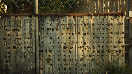 Rustic corrugated metal fence with patina - Warm sunlight illuminates a weathered corrugated metal fence with distinctive rust and patina patterns, showing texture and age