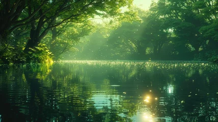 Zelfklevend Fotobehang Sunlight filtering through a forest onto a river - Enchanted forest scene with sunlight rays piercing through trees, reflecting over a peaceful river © Mickey