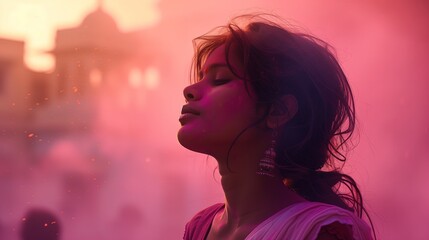 Kobieta rozkoszująca się chwilą przed intensywnie różową mgłą podczas celebracji kolorów Holi. - obrazy, fototapety, plakaty
