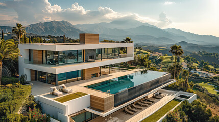 Fototapeta na wymiar Modern villa built over a single floor in L shape, overlooking golf course in a valley. Generative AI.