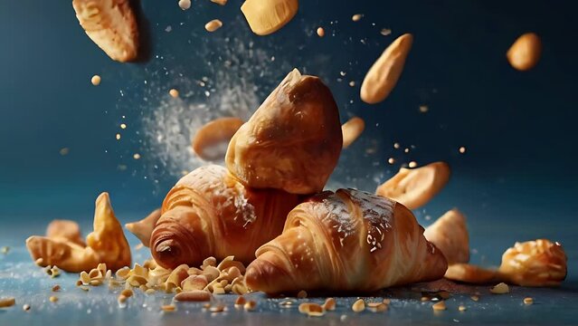 Freshly baked pastry assortment featuring croissants, buns, and cakes with delicious chicken and sweet treats on background	

