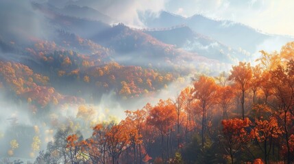 Fall fog in the mountain with trees - obrazy, fototapety, plakaty
