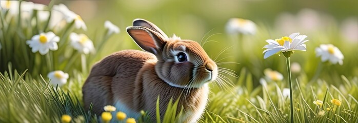 Brown bunny on a lawn with daisies on a sunny day. Easter banner, card, background
