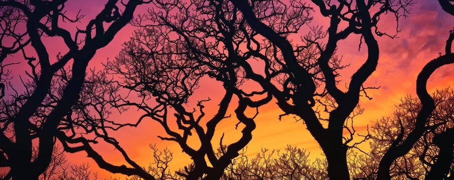 Silhouettes of twisted tree branches at sunset