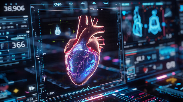 Heart hologram, check test results on virtual interface, and analyze data. Heart disease, myocardial infarction, innovative technology, medicine of the future. Generative Ai