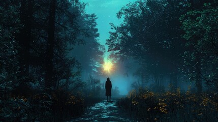 A silhouette of a person standing at the edge of a dark forest, gazing towards a narrow path leading to a brightly lit clearing, symbolizing a journey from isolation to hope