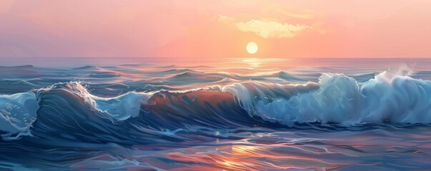 Scenic ocean sunset with waves - obrazy, fototapety, plakaty