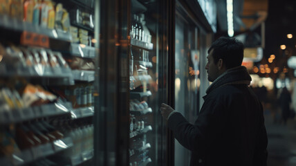 Solitary man examining choices of refrigerated goods in a store at night. - obrazy, fototapety, plakaty
