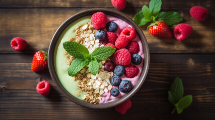 Berry and Granola Smoothie Bowl on Wooden Background