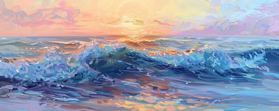 Impressionistic painting of a colorful seascape at sunset