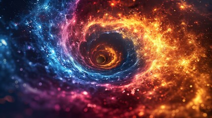 Vivid swirling energy patterns, cosmic vortex spirals, and a burst of colorful waves. Futuristic abstract digital backdrop.