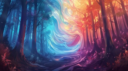 Enchanted forest with magical whirlwind - obrazy, fototapety, plakaty