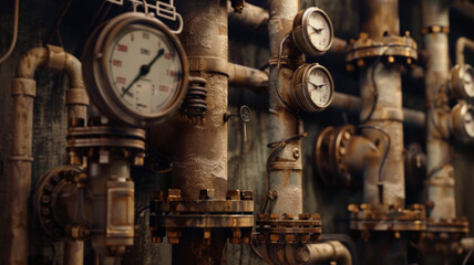 An industrial setting filled with rusty pipes and pressure gauges.