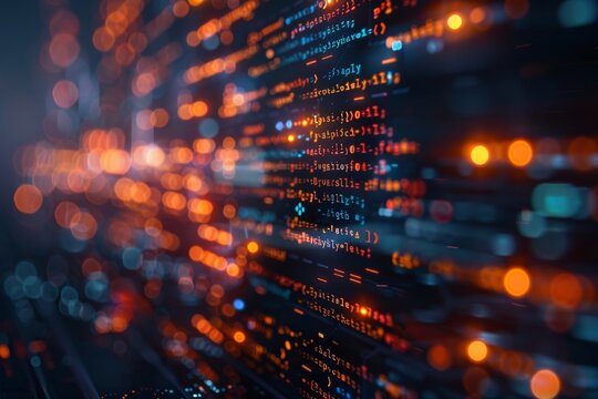 A blurry bokeh lights background with detailed software code overlaid on top