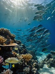  a large group of fish swimming over a coral reef in the ocean