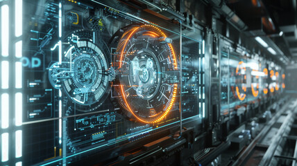 Futuristic holographic interface with intricate digital patterns in a server room.