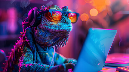 A colorful lizard is sitting on a laptop keyboard. The lizard is wearing glasses and he is typing on the computer. a playful and whimsical mood. cool cameleon in hipster outfit working on laptop