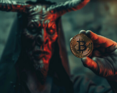In a dimly lit room a hand resembling that of a devils holds a Bitcoin