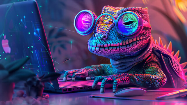 A colorful lizard is sitting on a laptop keyboard. The lizard is wearing glasses and he is typing on the computer. a playful and whimsical mood. cool cameleon in hipster outfit working on laptop