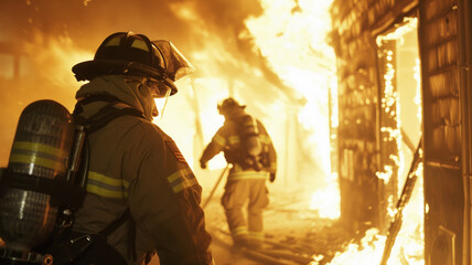 Brave firefighters engaging a fierce blaze in a nocturnal operation.
