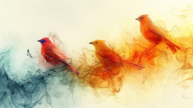 Three cardinals in colorful smoke - digital art concept