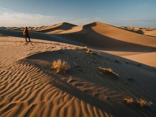 a traveler standing on top of the sand dune in the middle of the desert 