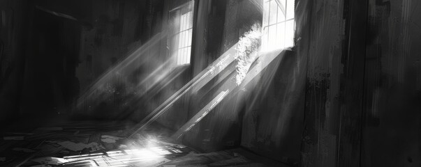 Sunbeams shining through a broken window in an abandoned building