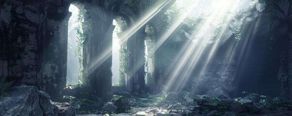 Sunlight streaming through an ancient forest temple - obrazy, fototapety, plakaty