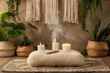 Tranquil meditation corner bathed in the soft glow of candlelight, featuring an assortment of scented candles, a lit incense stick releasing fragrant smoke and a plush meditation cushion on a mat.