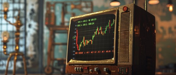 An antique television set with a digital representation of stock market data, 3D render. - obrazy, fototapety, plakaty