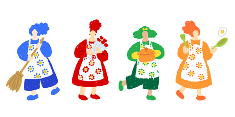 カラフルな母親たちのオシャレな手描きイラストセット