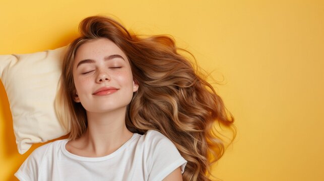 a young woman sleeping on pillow isolated on pastel pink colored background Sleep deeply peacefully rest. Top above high angle view photo portrait of satisfied .senior wear white shirt
