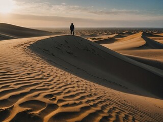 a man standing on top of the sand dune in the middle of the desert 