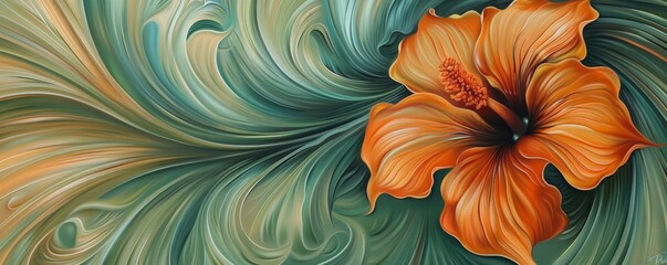 Abstract floral digital art with swirling patterns and orange hibiscus