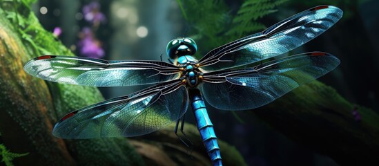 An electric blue dragonfly, an arthropod invertebrate, perched on a tree branch in the woods. This magical event captured in stunning macro photography amidst the darkness