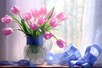 A vase of pink tulips on a window sill