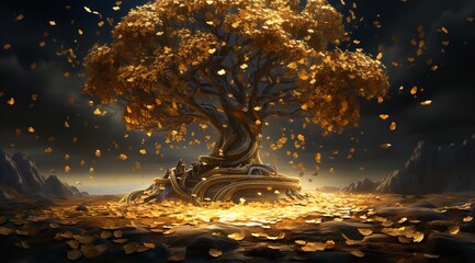Golden Coin Tree Standing on the Ground - obrazy, fototapety, plakaty