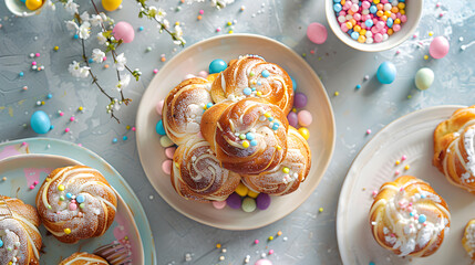 Fototapeta premium Traditional Easter cake with candied fruits and colored eggs. Cruffin cake decorated with sprinkles. Traditional festive baking. Greeting card or banner with copy space