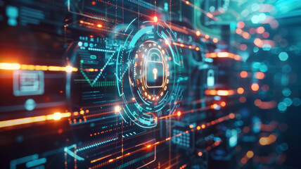 Fototapeta premium Futuristic digital security concept with a glowing padlock in a data center.