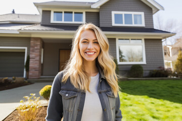 Smiling woman in front of new modern house, real estate broker standing outside house or luxury life concept