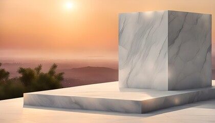 Marble monument and display platform on a mountaintop at sunset