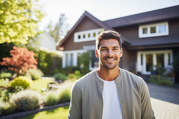 Confident smiling man in front of new modern house, real estate concept
