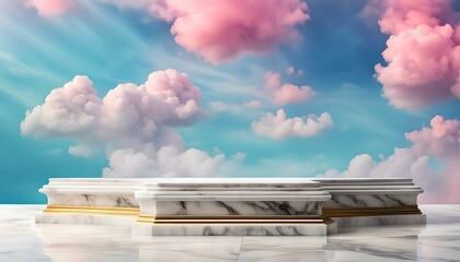 Marble and gold display platform with a backdrop of blue sky and pink clouds